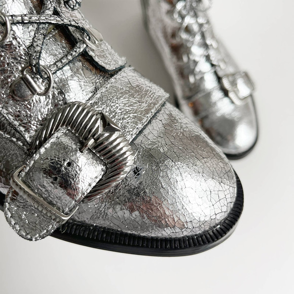 Schutz Metallic Silver Crushed Leather Magda Combat Boots Size 7 - Picture 10 of 10